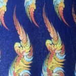 Italian Jacquard Silk Fabric Blue Feather Design with High Quality Swaroski Crystal Stones